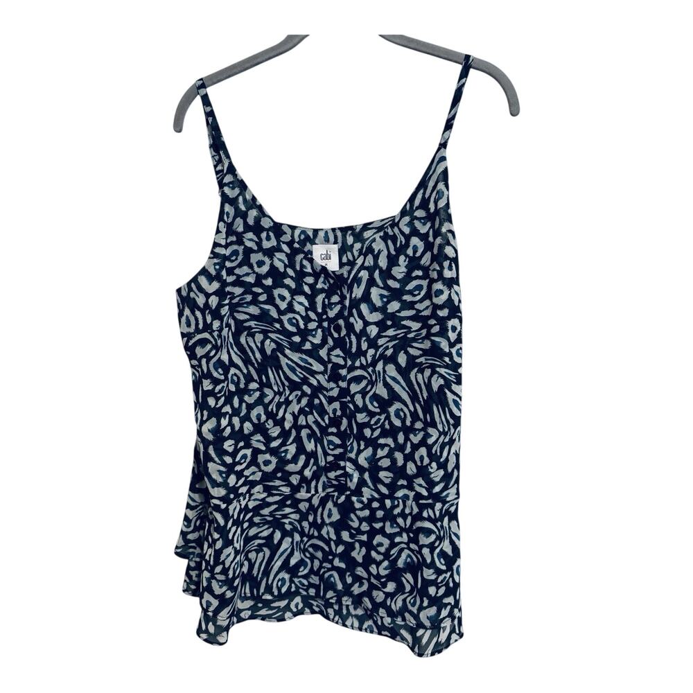 Cabi Womens Purr Leopard Peplum Cami Tank Top Navy Gray Button Mobwife Resort M